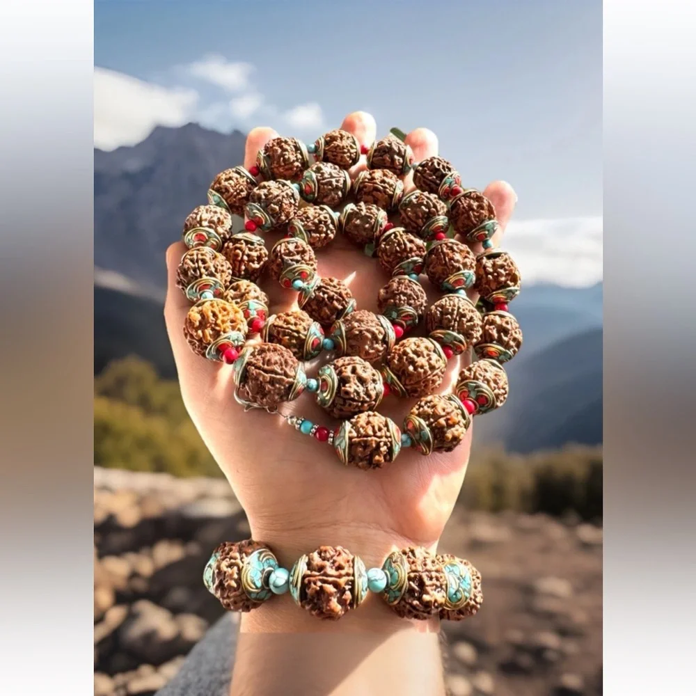Vintage Rudraksha Yoga Necklace Capped With Bronze Inlay Turquoise & Coral 35”in - Picture 2 of 10